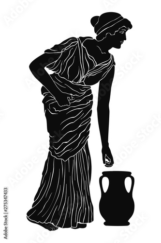 A young woman in a long dress leans to a jug. Vector image in ancient greek style isolated on a white background. photo