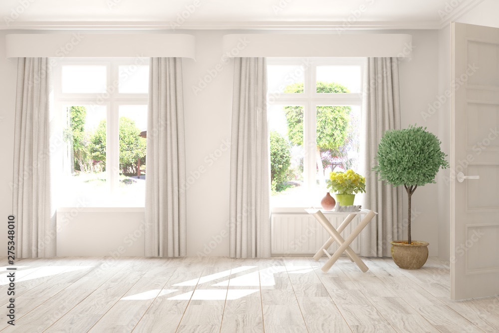 Stylish empty room in white color with summer landscape in window. Scandinavian interior design. 3D illustration