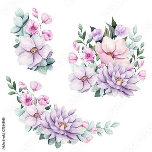 Set of Watercolor Bouquets with Flowers and Leaves