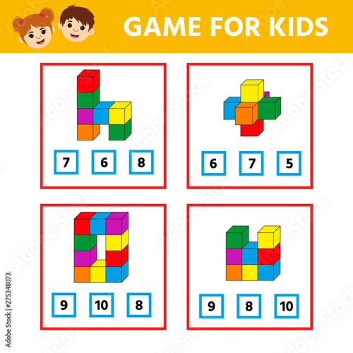 Education logic game for preschool kids. Kids activity sheet. How many cubes in a figure. Children funny riddle entertainment. Vector illustration