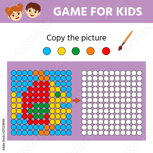 Puzzle task, education logic game for preschool kids. Paint the circles. Color by example. Drawing printable activity, learning symmetry for toddlers