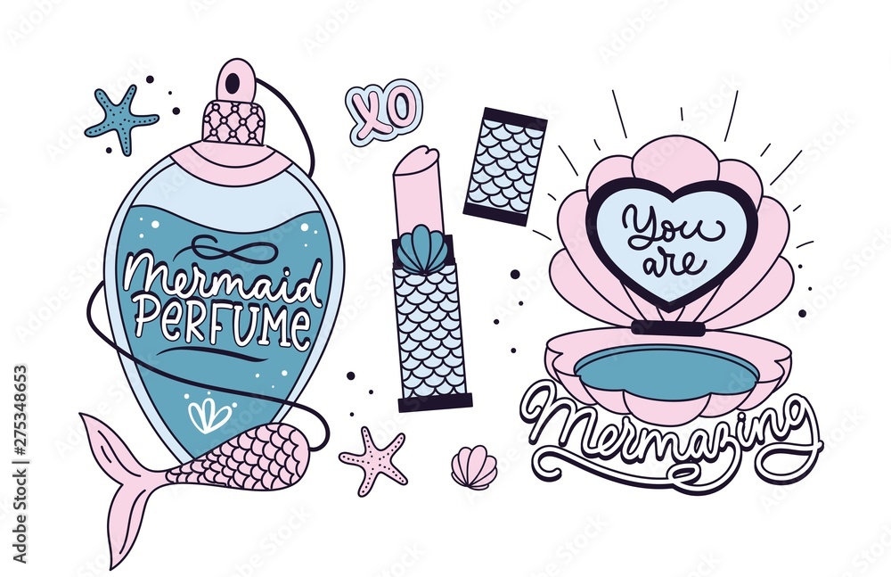 Mermaid quotes and prints set. Mermaid soul. Mermaid perfume. Mermaid off  duty. You are mermazing. Inspirational prints and quotes with mermaids.  vector de Stock | Adobe Stock