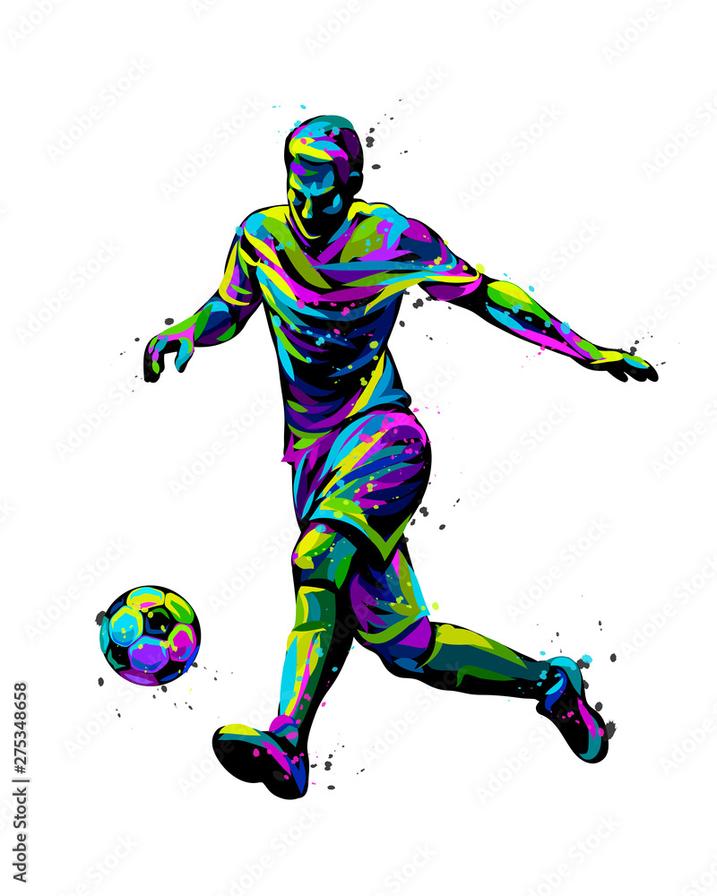 Footballer with the ball. Abstract, graphic, multi-colored image of a football player on a white background in pop art style with watercolor splashes. Footballer with the ball. Abstract, graphic, multi-colored image of a football player on a white background in pop art style with watercolor splashes.