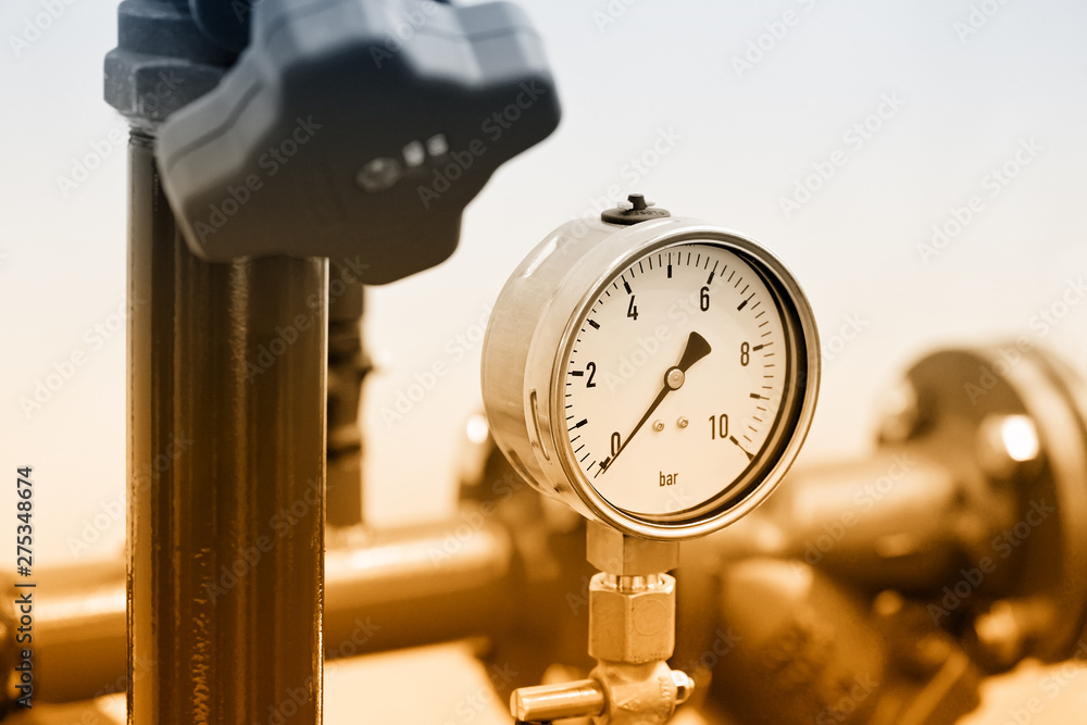 Hydraulic pressure gauge, manometer. Brown toned Stock Photo Adobe Stock