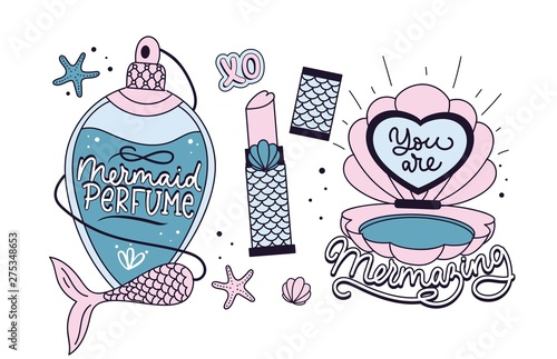 Mermaid quotes and prints set. Mermaid soul. Mermaid perfume. Mermaid off duty. You are mermazing. Inspirational prints and quotes with mermaids.