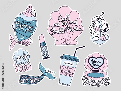 Mermaid quotes and prints set. Mermaid soul. Mermaid perfume. Mermaid off duty. You are mermazing. Inspirational prints and quotes with mermaids.