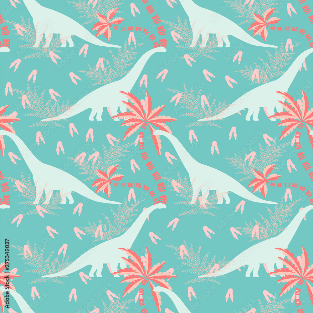 Naklejka premium Diplodocus in a prehistoric forest on turquoise background. Seamless pattern. For textiles, fabrics, paper, Wallpaper