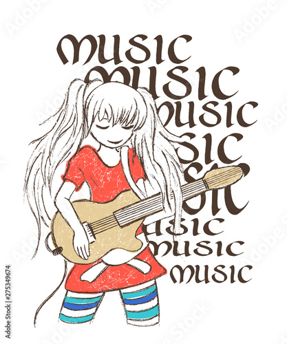 illustration of girl playing guitar  tee shirt print