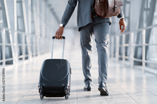 Business Trip. Businessman Carrying Suitcase, Back View photo