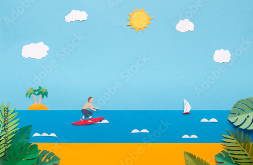 Summer wallpaper with sandy beach, professional surfer