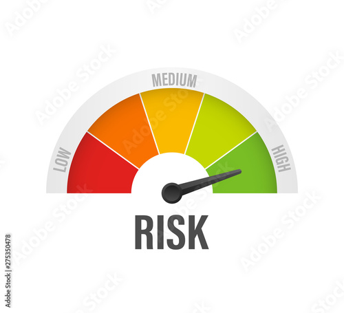 Risk icon on speedometer. High risk meter. Vector stock illustration.