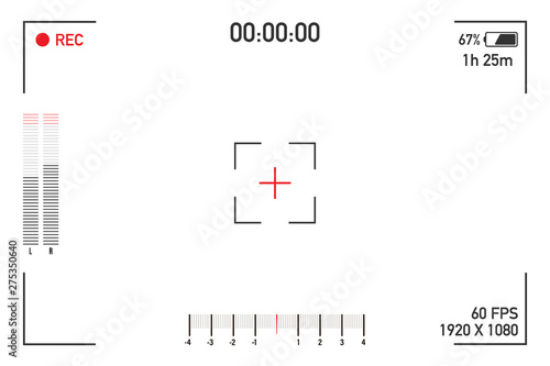 Camera view viewing images. Visual screen focusing. Video recording screen on a transparent background. Vector stock illustration.