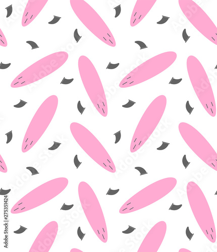 Vector seamless pattern of pink flat cartoon surf board and fin isolated on white background 