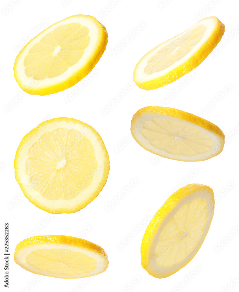 Set of cut fresh juicy lemon on white background