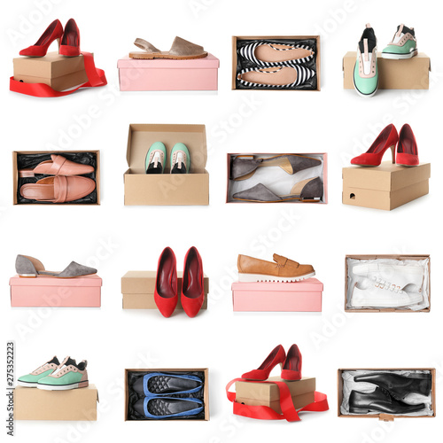 Set of different stylish shoes and boxes on white background photo