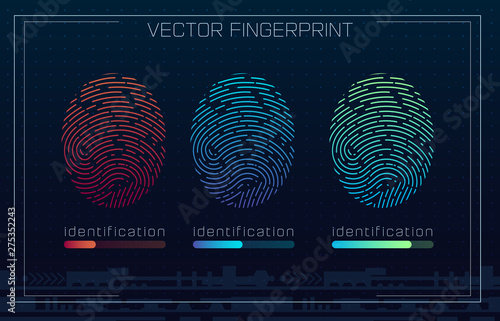 Fingerprint Scanning Identification system in futuristic HUD style. Biometric Interface. Recognition biometric technology and artificial intelligence concept. Scanning fingerprints HUD UI