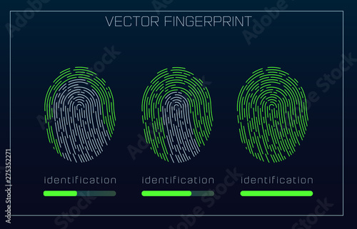 Fingerprint Scanning Identification system in futuristic HUD style. Biometric Interface. Recognition biometric technology and artificial intelligence concept. Scanning fingerprints HUD UI