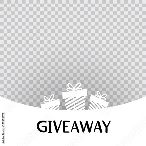 Calligraphy word "Giveaway" on white and transparent background with striped gift boxes decorated by ribbon bows. Hand-drawn giveaway lettering text for social media accounts. Black and white.