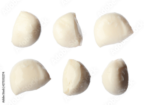 Set of delicious mozzarella cheese on white background