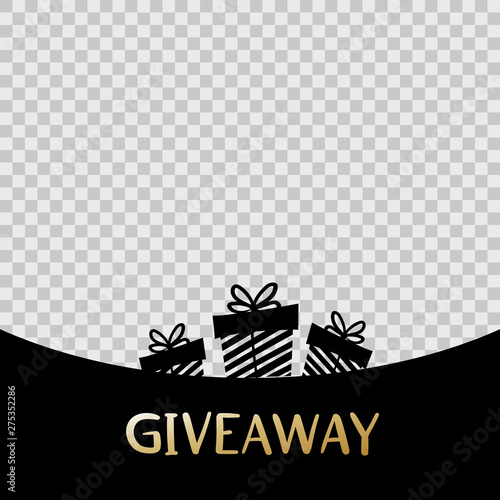 Giveaway banner for smm (social media marketing) competitions. Calligraphy gold word "Giveaway" on black and transparent background with striped gift boxes decorated by ribbon bows.
