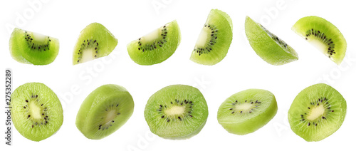 Billede på lærred Set of cut fresh juicy kiwi on white background. Banner design