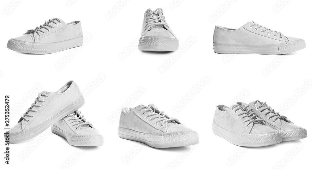 Set of stylish shoes on white background Set of stylish shoes on white background