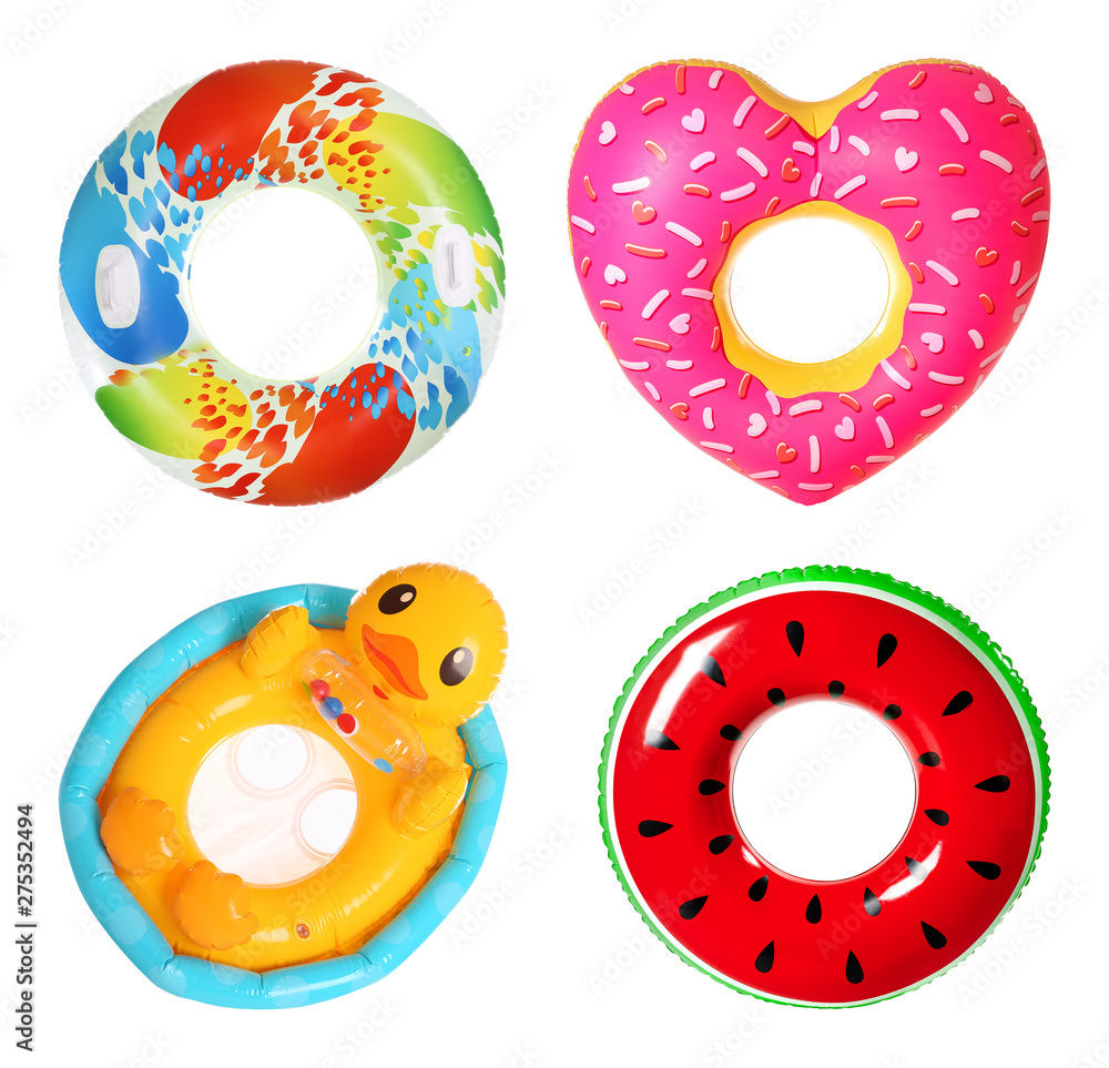 Set of bright inflatable rings on white background Set of bright inflatable rings on white background