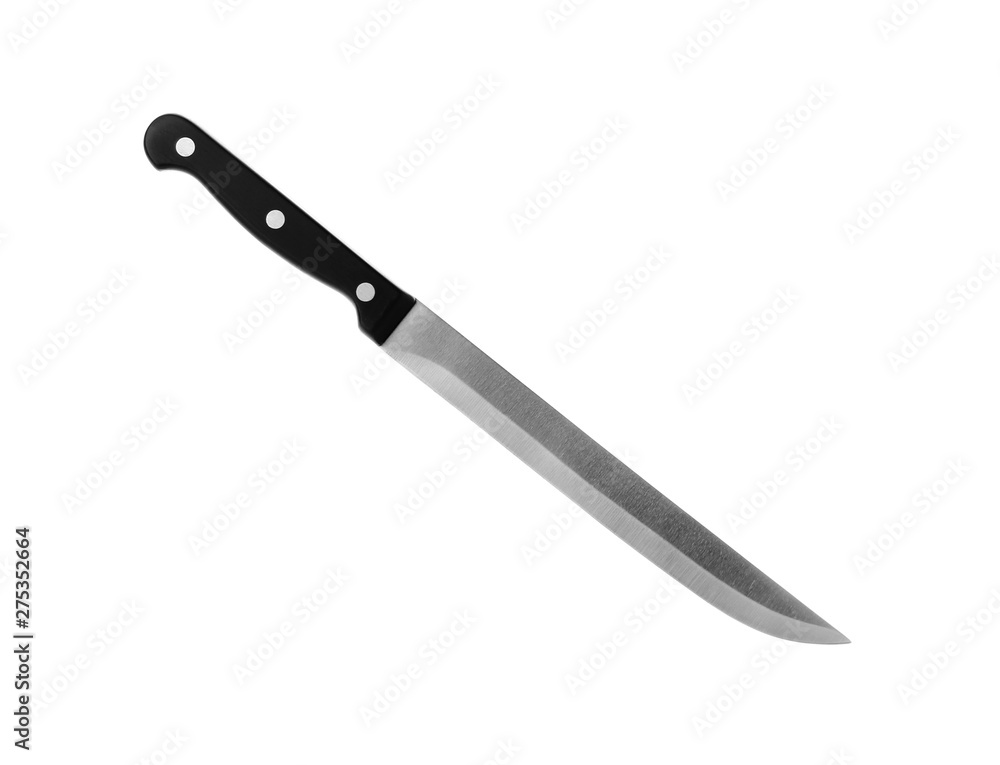 Sharp slicing knife with black handle isolated on white Sharp slicing knife with black handle isolated on white