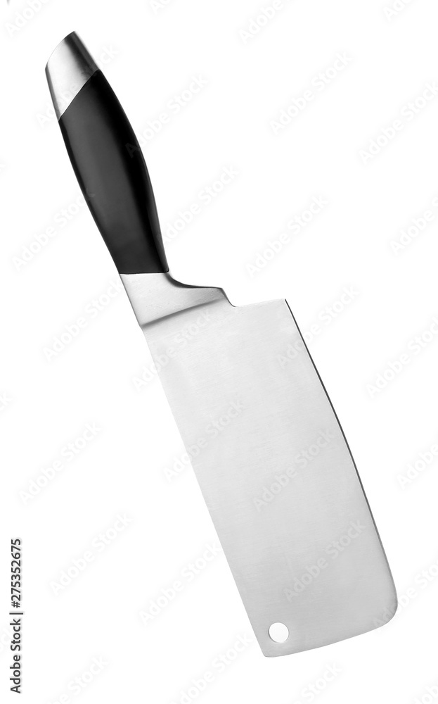 Large sharp cleaver knife with black handle isolated on white Large sharp cleaver knife with black handle isolated on white