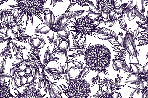 Artistic pattern with bellflower, globethistle, globeflower