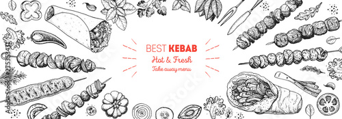 Doner kebab cooking and ingredients for kebab, sketch illustration. Arabic cuisine frame. Fast food menu design elements. Shawarma hand drawn frame. Middle eastern food.