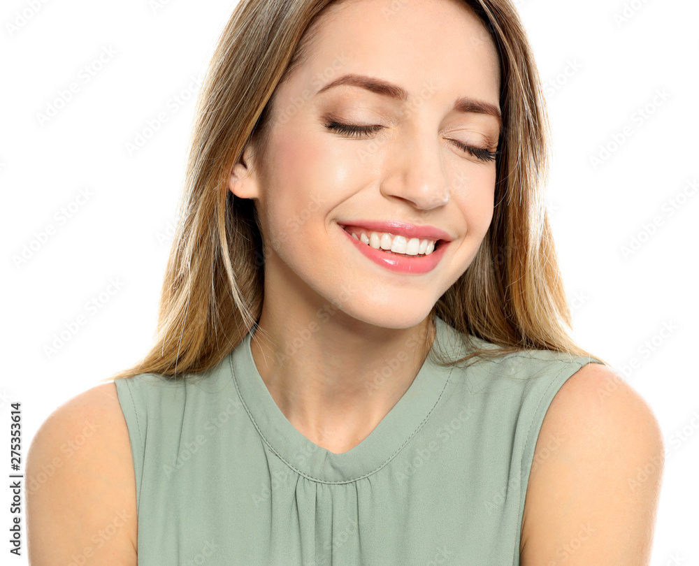 Portrait of young woman with beautiful face on white background, closeup