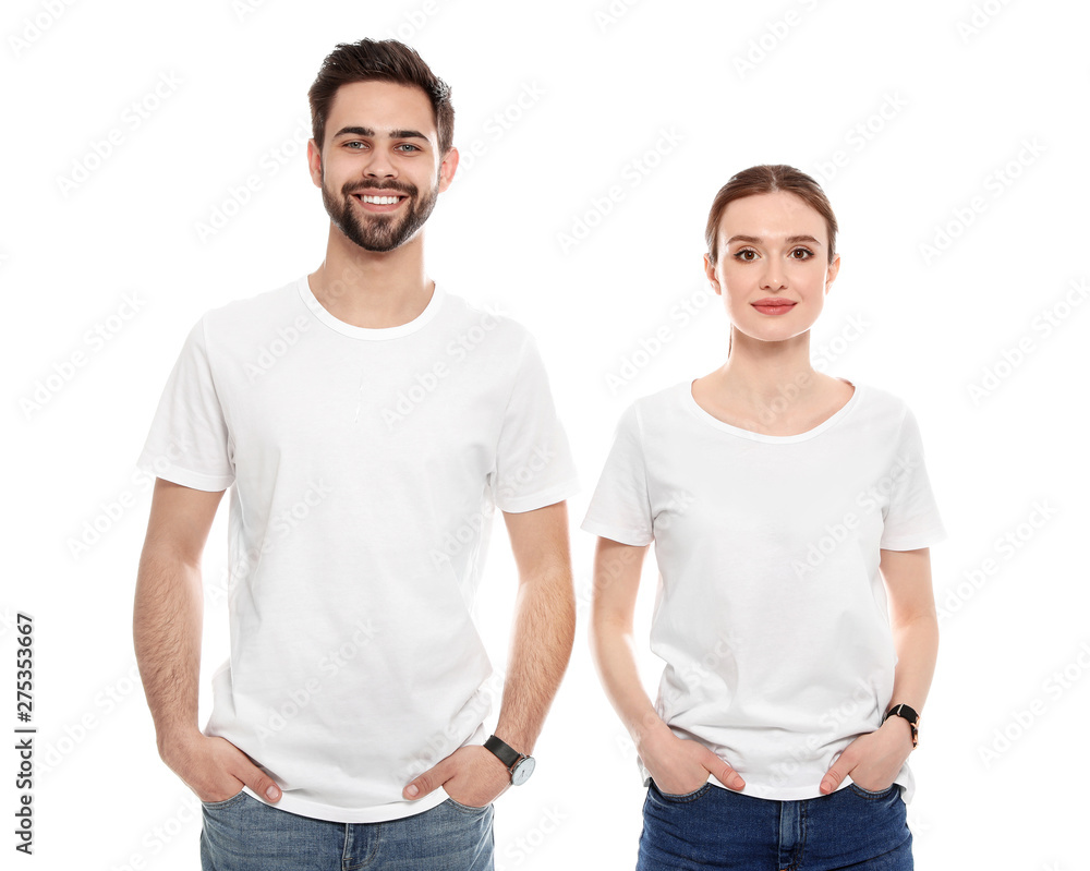 Young people in t-shirts on white background. Mock up for design - obrazy, fototapety, plakaty 