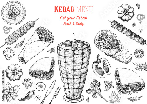 Doner kebab cooking and ingredients for kebab, sketch illustration. Arabic cuisine frame. Fast food menu design elements. Shawarma hand drawn frame. Middle eastern food.
