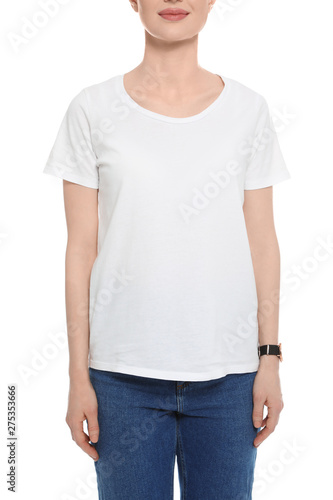 Young woman in t-shirt on white background, closeup. Mock up for design