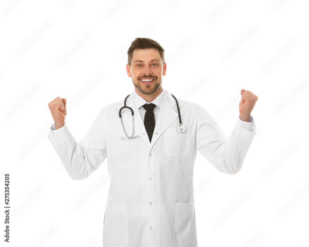 Portrait of happy male doctor isolated on white. Medical staff Portrait of happy male doctor isolated on white. Medical staff