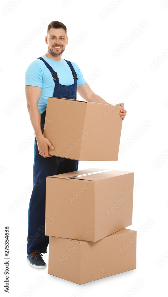 Portrait of moving service employee with cardboard boxes on white background Portrait of moving service employee with cardboard boxes on white background