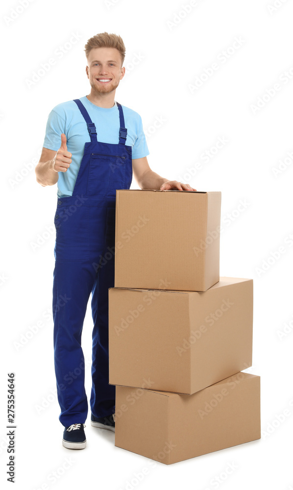 Portrait of moving service employee with cardboard boxes on white background Portrait of moving service employee with cardboard boxes on white background