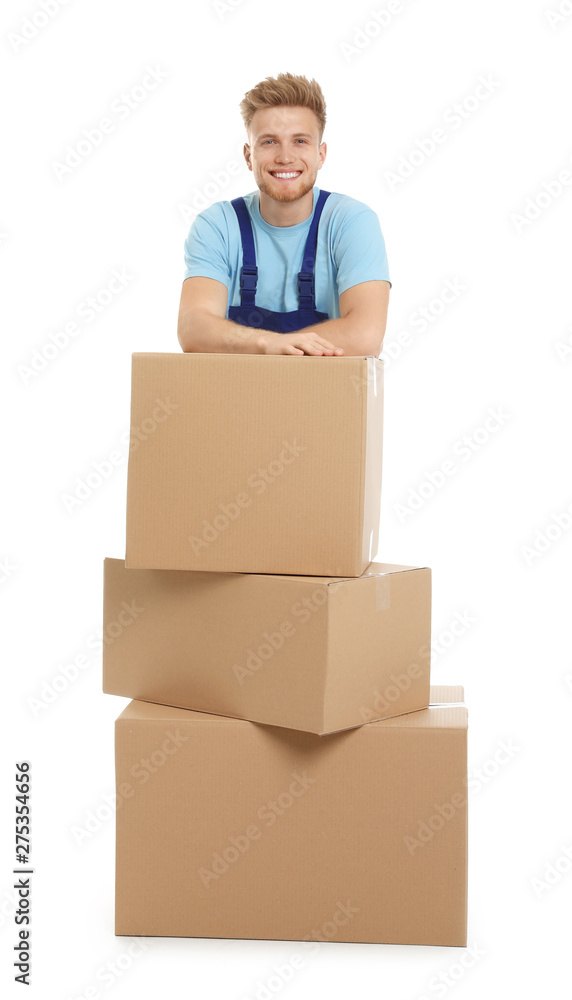 Portrait of moving service employee with cardboard boxes on white background Portrait of moving service employee with cardboard boxes on white background