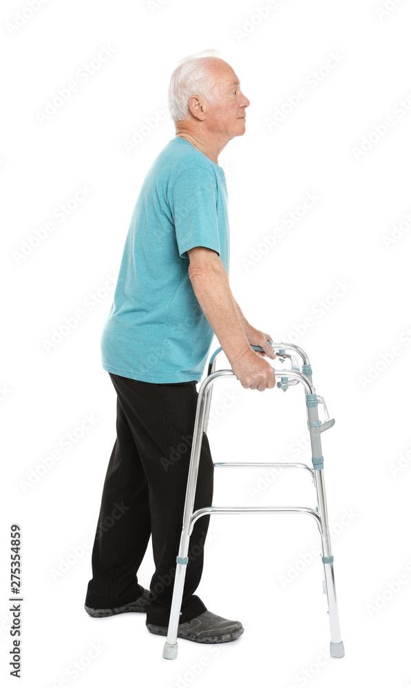 Full length portrait of elderly man using walking frame isolated on white Full length portrait of elderly man using walking frame isolated on white