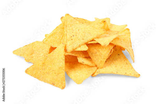 Tasty Mexican nachos chips on white background
