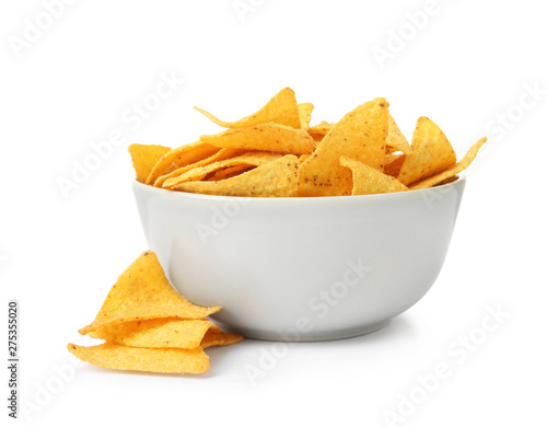 Schilderij op canvas Ceramic bowl of Mexican nachos chips on white background