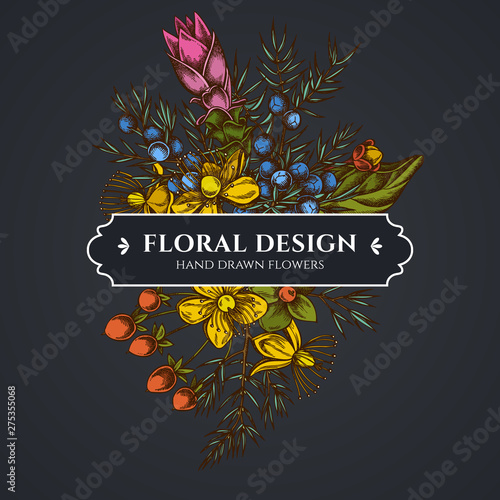 Floral bouquet dark design with juniper, hypericum, turmeric