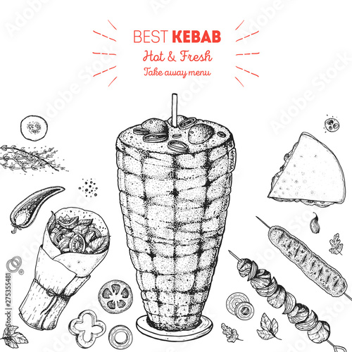 Doner kebab cooking and ingredients for kebab, sketch illustration. Arabic cuisine frame. Fast food menu design elements. Shawarma hand drawn frame. Middle eastern food
