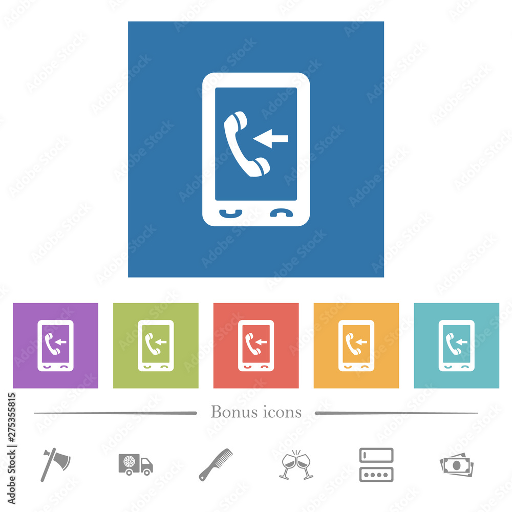 Mobile incoming call flat white icons in square backgrounds Mobile incoming call flat white icons in square backgrounds