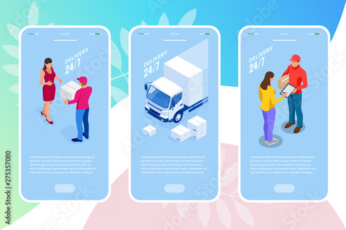 Isometric Logistics and Delivery concept. Delivery home and office. City logistics. Warehouse, truck, forklift, courier, drone and delivery man.