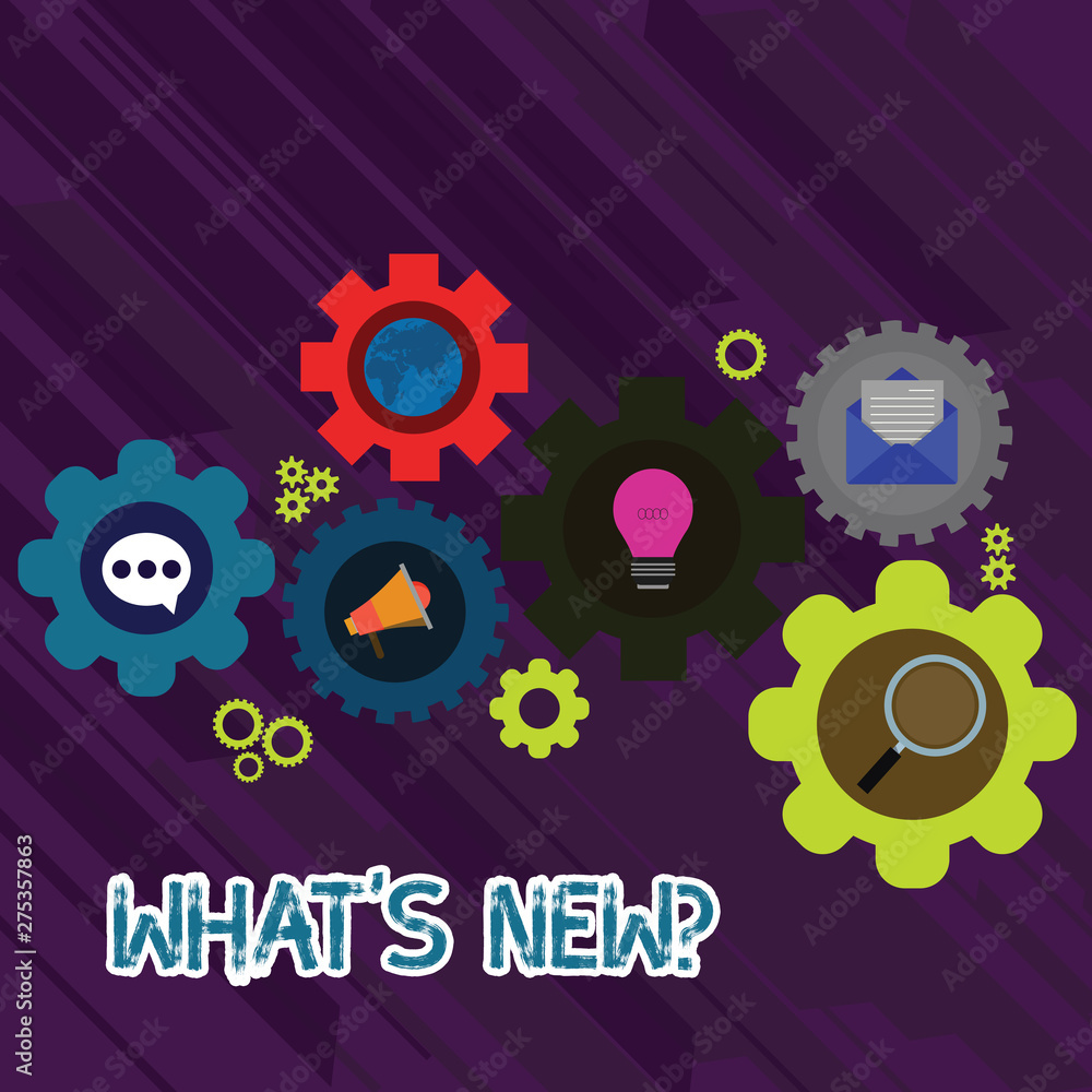 Text sign showing What S New Question. Business photo text when you ask someone about his current live events actions Set of Global Online Social Networking Icons Inside Colorful Cog Wheel Gear Text sign showing What S New Question. Business photo text when you ask someone about his current live events actions Set of Global Online Social Networking Icons Inside Colorful Cog Wheel Gear