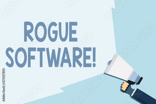 Writing note showing Rogue Software. Business concept for type of malware that poses as antimalware software Hand Holding Megaphone with Beam Extending the Volume Range photo