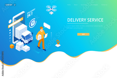 Isometric Logistics and Delivery concept. Delivery home and office. City logistics. Warehouse, truck, forklift, courier, drone and delivery man.