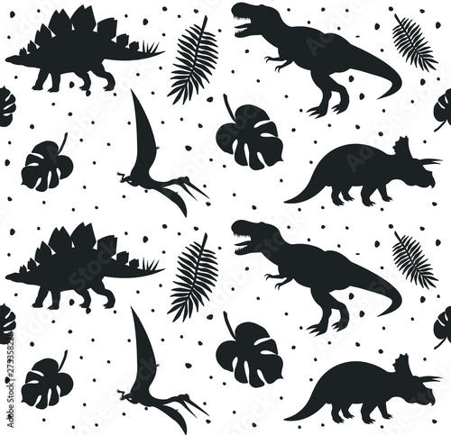 Vector seamless pattern of black dinosaur silhouette and palm leaves isolated on white background 
